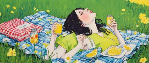 girl lying on the grass,woman with ice-cream,woman eating apple,girl with bread-and-butter,picnic,yellow purse,girl in the garden,lemonade,daffodils,woman holding pie,jonquil,girl with cereal bowl,picnic basket,daffodil field,yellow grass,girl in flowers,girl-in-pop-art,summer day,alfresco,woman sitting,Illustration,Paper based,Paper Based 19