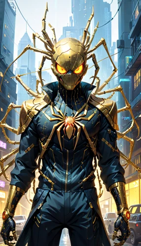 spider the golden silk,gold mask,golden mask,electro,kryptarum-the bumble bee,yellow jacket,golden crown,transistor,yellow-gold,gold foil 2020,golden egg,game illustration,gold colored,gold wall,marvel comics,bumblebee,gold cap,golden root,gold spangle,cybernetics,Anime,Anime,General