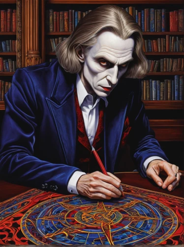 jigsaw,jigsaw puzzle,gambler,clockmaker,meticulous painting,watchmaker,magician,ball fortune tellers,count,fortune teller,occult,divination,ringmaster,theoretician physician,dartboard,the illusion,man with a computer,the scalpel,dracula,it,Illustration,Abstract Fantasy,Abstract Fantasy 21