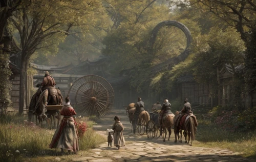 pilgrimage,fantasy picture,horseback,travelers,ancient parade,the mystical path,knight village,witcher,scythe,the path,rural,stroll,village life,pilgrims,man and horses,medieval,western riding,farm gate,horse-drawn,caravan,Game Scene Design,Game Scene Design,Japanese Martial Arts