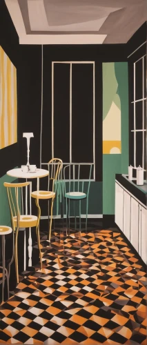 checkered floor,mid century,checkered background,vintage kitchen,tearoom,tile kitchen,the kitchen,kitchen table,kitchen,the coffee shop,retro diner,dining room,mid century modern,painting pattern,soda fountain,coffee shop,kitchen interior,kitchenette,parlour,olle gill,Art,Artistic Painting,Artistic Painting 08