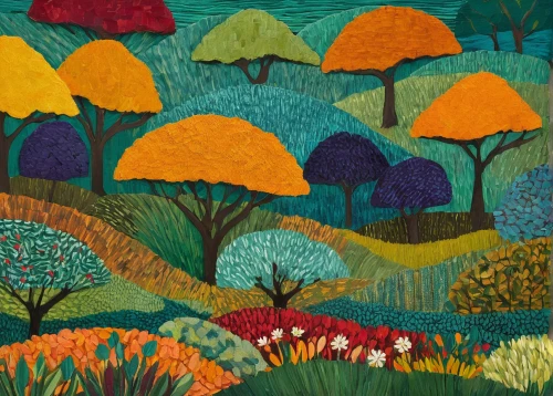 carol colman,flower meadow,spring meadow,fruit fields,felted and stitched,wildflower meadow,poppy fields,mushroom landscape,flower field,summer meadow,small meadow,blooming field,wild meadow,flowers field,vegetables landscape,poppy field,tulip field,vegetable field,tree grove,fabric painting,Art,Artistic Painting,Artistic Painting 25