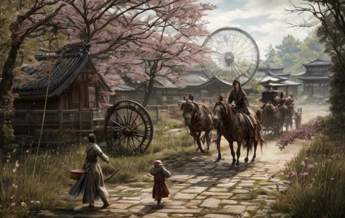 japanese sakura background,fantasy picture,japan landscape,village scene,children's fairy tale,knight village,the cherry blossoms,spring blossoms,korean folk village,village life,pilgrims,game illustration,tsukemono,rural landscape,sakura trees,flower cart,travelers,ancient parade,the mystical path,fantasy world,Game Scene Design,Game Scene Design,Japanese Martial Arts