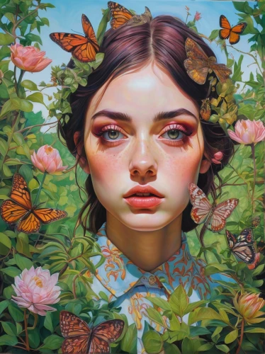 vanessa (butterfly),girl in flowers,julia butterfly,butterfly floral,butterflies,cupido (butterfly),butterfly green,girl in the garden,mystical portrait of a girl,oil painting on canvas,ulysses butterfly,lepidopterist,butterfly effect,moths and butterflies,flower fairy,flora,kahila garland-lily,fantasy portrait,girl in a wreath,faerie,Conceptual Art,Daily,Daily 15