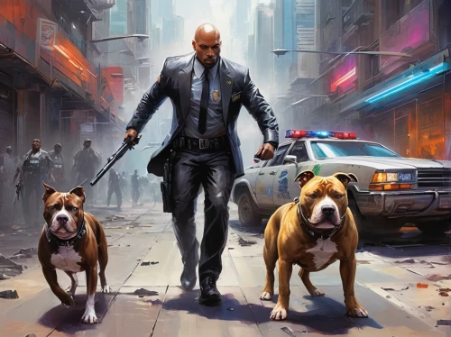 sci fiction illustration,street dogs,game art,three dogs,dog walker,game illustration,cyberpunk,vizsla,agent 13,walking dogs,agent,concept art,bodyguard,companion dog,stray dogs,police dog,dog street,dog command,two dogs,pit bull,Conceptual Art,Oil color,Oil Color 03