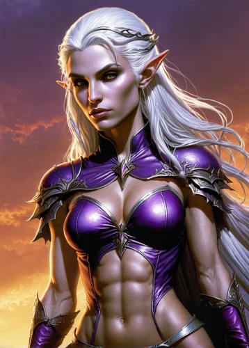 dark elf,male elf,female warrior,violet head elf,heroic fantasy,massively multiplayer online role-playing game,fantasy woman,fantasy art,tiber riven,elven,hard woman,fantasy portrait,fantasy warrior,warrior woman,fantasy picture,strong women,muscle woman,strong woman,breastplate,purple skin,Illustration,American Style,American Style 02