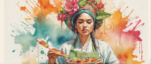 girl in the kitchen,cooking book cover,woman holding pie,boho art,woman eating apple,food collage,girl with cereal bowl,woman with ice-cream,girl in flowers,flower painting,confectioner,girl with bread-and-butter,chef,food and cooking,watercolor women accessory,girl in a wreath,vietnamese woman,woman at cafe,the festival of colors,culinary art,Illustration,Paper based,Paper Based 13