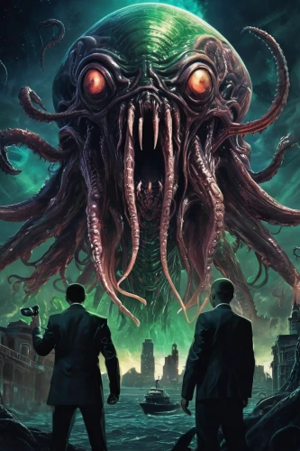 kraken,three eyed monster,game illustration,sci fiction illustration,calamari,the thing,octopus,the pandemic,apiarium,sea monsters,mystery book cover,tabletop game,pandemic,cephalopod,game art,cuthulu,auqarium,gorgon,hinnom,one eye monster,Illustration,Realistic Fantasy,Realistic Fantasy 47