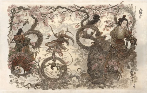 tapestry,zodiac,krampus,vintage fairies,danse macabre,rabbits and hares,goatflower,net-winged insects,potpourri,capricorn mother and child,trioceros,hanging elves,khokhloma painting,woodland animals,faery,amano,oriental painting,trees with stitching,masquerade,fairies aloft,Game Scene Design,Game Scene Design,Japanese Martial Arts