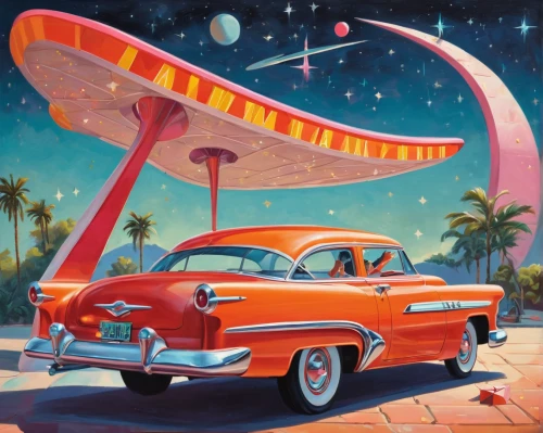 edsel bermuda,ford starliner,edsel,drive in restaurant,mercury,car hop,ann margarett-hollywood,pontiac star chief,retro diner,station wagon-station wagon,moon car,cadillac de ville series,retro automobile,hudson hornet,nash metropolitan,austin cambridge,mercury meteor,atomic age,electric gas station,edsel citation,Illustration,Retro,Retro 12