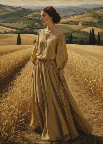 woman of straw,girl in a long dress,straw field,girl with bread-and-butter,wheat field,mary-gold,grant wood,millet,wheat fields,tuscan,jane austen,campagna,field of cereals,straw harvest,girl in cloth,grain harvest,girl with cloth,strands of wheat,idyll,barley field,Illustration,Realistic Fantasy,Realistic Fantasy 09