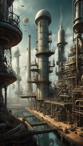 industrial landscape,refinery,industries,heavy water factory,chemical plant,futuristic landscape,industrial plant,industrial,industry,industrial area,petrochemical,petrochemicals,factories,post-apocalyptic landscape,industrial ruin,industry 4,steampunk,oil industry,industrial tubes,wasteland,Illustration,Realistic Fantasy,Realistic Fantasy 40