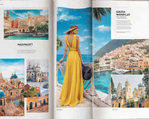 balearic islands,magazine - publication,taormina,the balearics,yellow jumpsuit,mediterranean,balearica,amalfi,print publication,monaco,background scrapbook,world travel,portofino,brochures,art book,lipari,positano,amalfi coast,brochure,mallorca,Illustration,Paper based,Paper Based 11