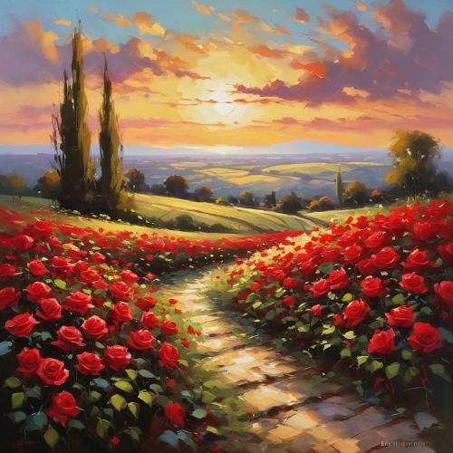 way of the roses,poppy fields,field of poppies,landscape rose,poppy field,flower field,tulip field,splendor of flowers,tulips field,landscape red,blooming field,landscape background,flowers field,field of flowers,flower painting,tulip fields,home landscape,red poppies,red tulips,flower garden,Conceptual Art,Oil color,Oil Color 09