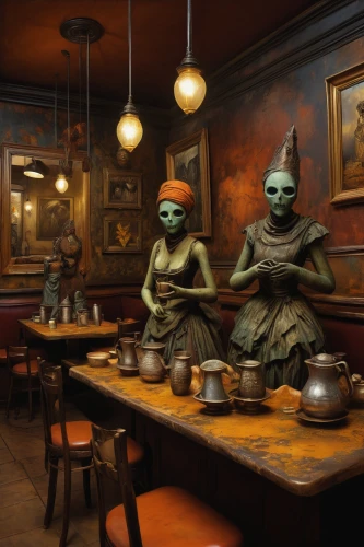 gnomes at table,waiting staff,diner,the coffee shop,dining,rosa cantina,fine dining restaurant,new york restaurant,coffee shop,paris cafe,drinking establishment,alien invasion,a restaurant,family dinner,coffeehouse,restaurants,teatime,unique bar,tea service,aliens,Illustration,Realistic Fantasy,Realistic Fantasy 34
