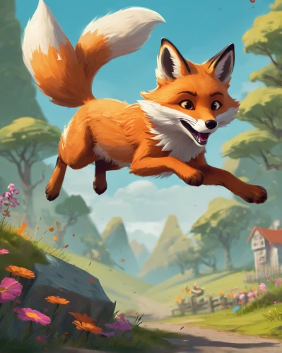 little fox,a fox,child fox,garden-fox tail,cute fox,adorable fox,fox,red fox,foxes,springtime background,fox stacked animals,redfox,fox hunting,leap,game illustration,swift fox,flying fox,game art,spring background,digital painting,Conceptual Art,Fantasy,Fantasy 02