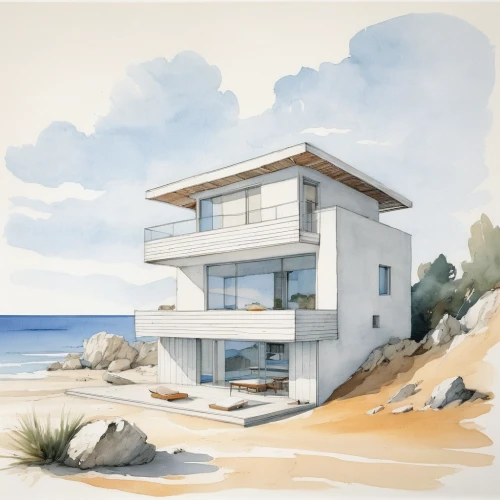 dunes house,beach house,beachhouse,beach hut,house drawing,holiday home,cubic house,house by the water,modern house,mid century house,lifeguard tower,house painting,holiday villa,summer house,seaside view,dune ridge,modern architecture,home landscape,house of the sea,inverted cottage,Art,Classical Oil Painting,Classical Oil Painting 40