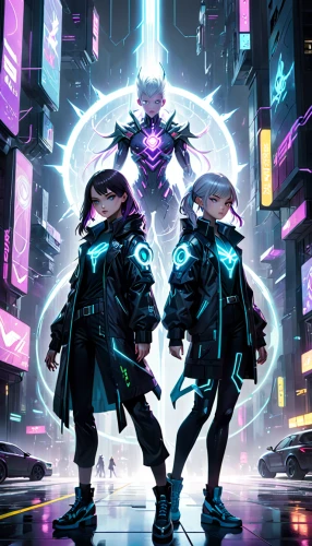 cyber,cyberpunk,ultraviolet,metaverse,game illustration,nexus,cybernetics,cg artwork,sci fiction illustration,scifi,electronic,vocaloid,cyberspace,riot,protectors,neon ghosts,electronic music,trio,game art,officers,Anime,Anime,General