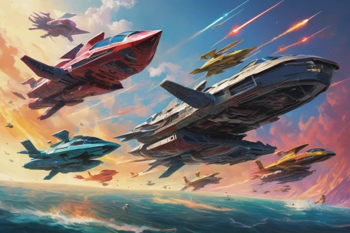 ship releases,cg artwork,space ships,sci fiction illustration,air combat,x-wing,naval battle,fighter destruction,game illustration,flying objects,battlecruiser,missiles,fighter aircraft,ship traffic jam,blue angels,rows of planes,victory ship,spaceships,delta-wing,airships,Conceptual Art,Fantasy,Fantasy 18