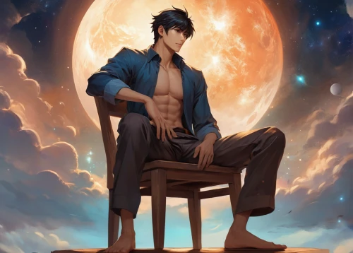 lupin,howl,violinist violinist of the moon,blue moon,sitting on a chair,male character,sits on away,astronomer,big moon,celestial body,aladdin,blue moon rose,bruce lee,herfstanemoon,man on a bench,aladin,ganymede,moonlit,seated,daemon,Illustration,Realistic Fantasy,Realistic Fantasy 01