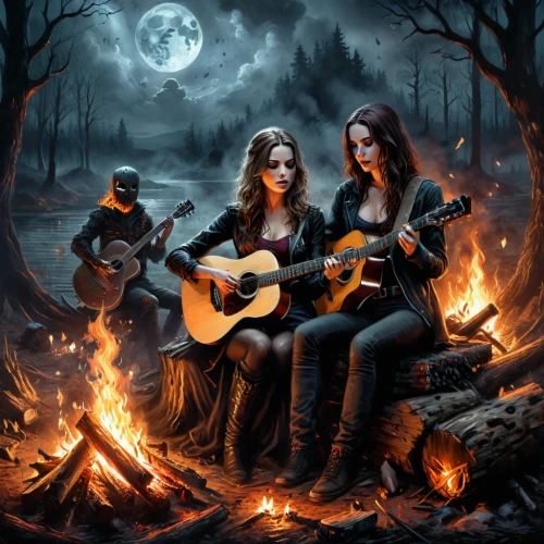 campfire,witches,celebration of witches,musicians,fireside,folk music,campfires,music fantasy,halloween illustration,serenade,blackmetal,camp fire,witches pentagram,bonfire,fantasy picture,acoustic,gothic portrait,devilwood,wood fire,musical ensemble,Conceptual Art,Fantasy,Fantasy 34