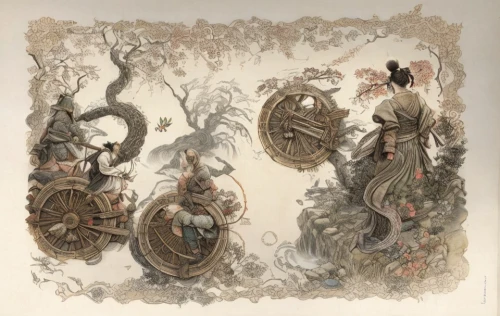 khokhloma painting,hunting scene,ancient parade,girl in a wreath,chinese art,frame illustration,helmet plate,magi,zodiac,the three magi,chariot,hanging elves,sirens,illustrations,rococo,vintage fairies,procession,art nouveau,wall painting,yi sun sin,Game Scene Design,Game Scene Design,Japanese Martial Arts