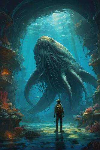 undersea,deep sea,god of the sea,kraken,cuthulu,under sea,deep sea nautilus,the bottom of the sea,underwater background,sci fiction illustration,exploration of the sea,sea monsters,giant squid,under the sea,bottom of the sea,underwater landscape,underwater world,nautilus,deep sea diving,giant fish,Conceptual Art,Fantasy,Fantasy 18