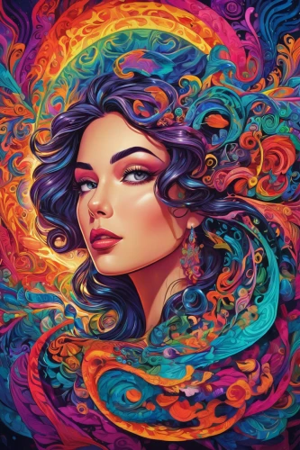 psychedelic art,colorful spiral,colorful background,psychedelic,colorful foil background,boho art,rainbow waves,medusa,rainbow background,fantasy portrait,spiral background,the festival of colors,swirling,fantasy art,lsd,mystical portrait of a girl,aura,aquarius,background colorful,harmony of color,Illustration,Realistic Fantasy,Realistic Fantasy 39