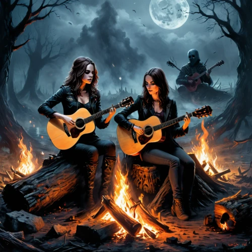 witches,celebration of witches,gothic portrait,music fantasy,cd cover,halloween poster,campfire,musicians,folk music,blackmetal,cover,tour to the sirens,campfires,fantasy picture,helloween,devilwood,goth festival,gothic style,werewolves,duet,Conceptual Art,Fantasy,Fantasy 34