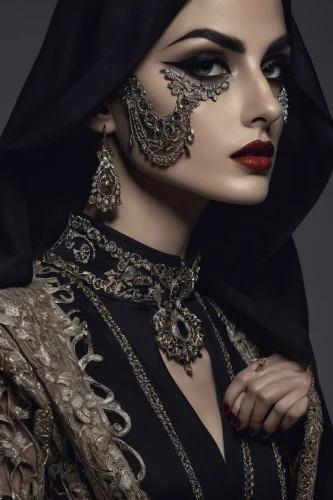 gothic fashion,venetian mask,masquerade,gothic woman,filigree,gothic portrait,the carnival of venice,dark gothic mood,abaya,gothic style,miss circassian,masque,embellished,vampire woman,queen of the night,jewellery,jewelry（architecture）,arabian,victorian lady,adornments,Photography,Fashion Photography,Fashion Photography 01