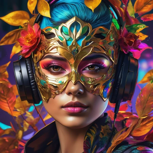 masquerade,venetian mask,world digital painting,geisha,fantasy portrait,golden mask,gold mask,fantasy art,music player,music background,headphone,the festival of colors,colorful floral,geisha girl,psychedelic art,portrait background,colorful background,boho art,mask,colorful foil background,Photography,Artistic Photography,Artistic Photography 08