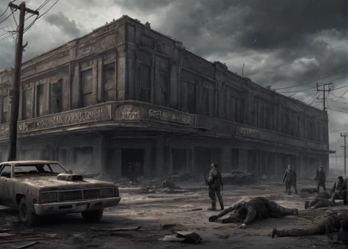post-apocalyptic landscape,post apocalyptic,ghost town,black city,destroyed city,post-apocalypse,apocalyptic,wasteland,new orleans,fallout4,war zone,derelict,alabama theatre,concept art,desolate,desolation,bond stores,virginia city,district 9,store fronts,Conceptual Art,Fantasy,Fantasy 33