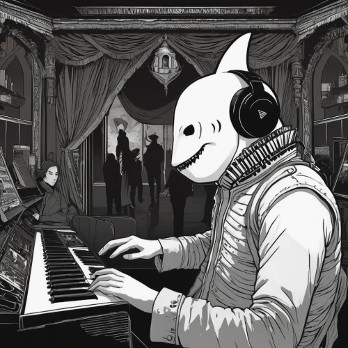 musical rodent,pianist,white rabbit,composer,art bard,wolf in sheep's clothing,jazz pianist,pianet,piano player,music producer,composing,black and white recording,frankenweenie,pierrot,halloween illustration,goatflower,keyboard player,musicians,piano,piano lesson,Illustration,Black and White,Black and White 02