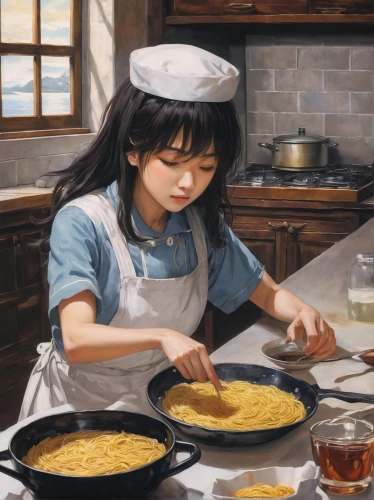 girl in the kitchen,cooking book cover,girl with bread-and-butter,cookery,girl with cereal bowl,korean cuisine,making food,cooking oil,food and cooking,masa,chef,udon,cooking,oil food,chef's uniform,japanese cuisine,korean chinese cuisine,fresh pasta,sesame oil,korean royal court cuisine,Illustration,Japanese style,Japanese Style 18