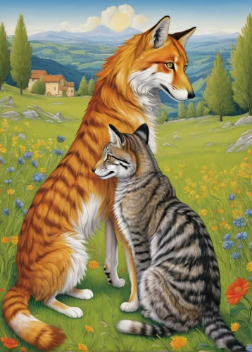 cat love,cats playing,vintage cats,foxes,two cats,fox stacked animals,cat lovers,felines,felidae,amorous,forbidden love,oktoberfest cats,kittens,affection,red tabby,vulpes vulpes,cats,cat image,marmalade,tenderness,Art,Classical Oil Painting,Classical Oil Painting 34