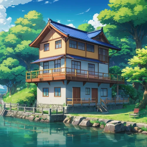 house by the water,house with lake,houseboat,summer cottage,studio ghibli,aqua studio,floating huts,wooden house,fisherman's house,beautiful home,house of the sea,japanese architecture,little house,small house,ginkaku-ji,house painting,seaside country,seaside resort,home landscape,cottage,Illustration,Japanese style,Japanese Style 03