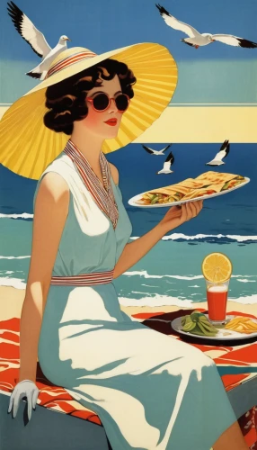 art deco woman,woman with ice-cream,vintage illustration,travel poster,woman holding pie,summer beach umbrellas,art deco,lido di ostia,beach restaurant,panama hat,parasols,retro women,woman drinking coffee,vintage art,travel woman,seabird,beach umbrella,woman at cafe,retro woman,retro 1950's clip art,Illustration,Retro,Retro 15