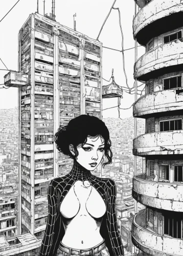 comic halftone woman,concrete chick,kowloon city,cyberpunk,high-wire artist,tura satana,barb wire,fire escape,city ​​portrait,rooftops,rooftop,high rise,pen drawing,kowloon,high-rise,streampunk,vertigo,saigon,high-rises,telephone operator,Illustration,Black and White,Black and White 16