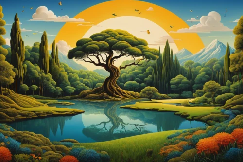 forest landscape,mushroom landscape,mother earth,nature landscape,fantasy landscape,celtic tree,tree of life,flourishing tree,landscape background,landscape nature,forest tree,tree grove,landscapes,natural landscape,magic tree,fantasy art,bodhi tree,an island far away landscape,lone tree,high landscape,Art,Artistic Painting,Artistic Painting 20