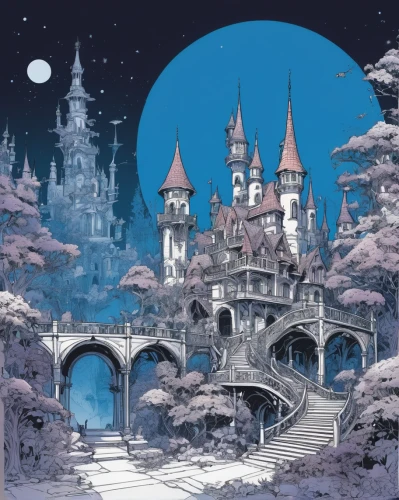 fairy tale castle,fairytale castle,fantasy city,fairy tale,children's fairy tale,fantasy world,fairy tales,hamelin,ice castle,a fairy tale,fairytale,castle of the corvin,fairy world,snow globe,winter dream,sleeping beauty castle,knight's castle,night snow,fairytales,midnight snow,Illustration,American Style,American Style 06