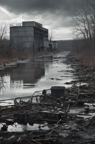 post-apocalyptic landscape,industrial landscape,industrial ruin,district 9,heavy water factory,post-apocalypse,chernobyl,abandoned factory,post apocalyptic,luxury decay,pripyat,abandoned place,derelict,abandoned places,wastewater,desolation,valley mills,empty factory,environmental destruction,abandoned,Conceptual Art,Fantasy,Fantasy 33