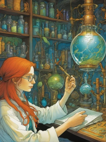 apothecary,chemist,sci fiction illustration,pharmacy,candlemaker,laboratory,clockmaker,chemical laboratory,alchemy,researcher,reagents,laboratory information,watchmaker,examining,potions,science education,biologist,watercolor shops,crystal ball,the globe,Illustration,Realistic Fantasy,Realistic Fantasy 04