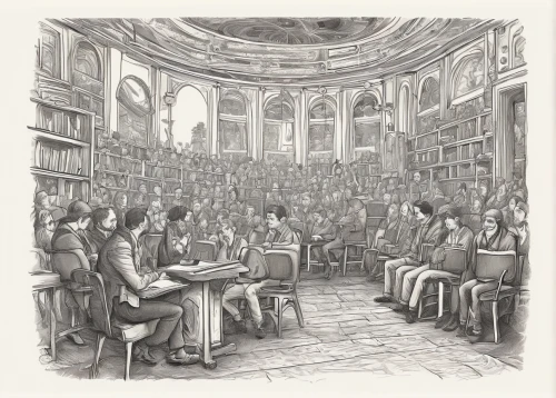 lecture room,lecture hall,reading room,the conference,academic conference,board room,conference room,school of athens,conference hall,conference,oval forum,classroom,lithograph,study room,hand-drawn illustration,class room,general assembly,book illustration,athenaeum,conferencing,Illustration,Realistic Fantasy,Realistic Fantasy 44
