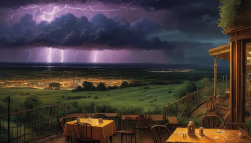 thunderstorm,lightning storm,a thunderstorm cell,fantasy picture,thunderstorm mood,thunderclouds,thunderheads,rainstorm,lightning strike,fantasy landscape,thundercloud,lightening,atmospheric phenomenon,lightning,thunderhead,storm,sci fiction illustration,monsoon,after the storm,evening atmosphere,Art,Classical Oil Painting,Classical Oil Painting 13