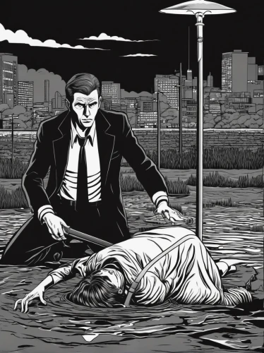 sci fiction illustration,reservoir,black city,game illustration,assassination,the man in the water,resuscitation,book illustration,dance of death,preacher,femicide,murder,murderer,hand-drawn illustration,crime scene,resuscitator,film noir,mortality,mercury mariner,homicide,Illustration,Black and White,Black and White 18