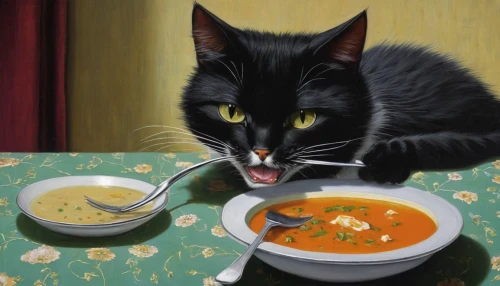 soup,étouffée,cat food,appetite,borscht,gazpacho,tripe soup,chicken soup,tomato soup,minestrone,spoon-billed,soup bowl,domestic cat,moqueca,tea party cat,miso soup,manchow soup,vegetable soup,sancocho,cat drinking tea,Illustration,Realistic Fantasy,Realistic Fantasy 07