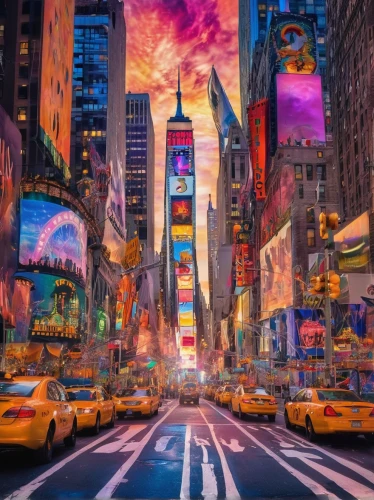 colorful city,time square,new york,world digital painting,newyork,new york streets,times square,new york city,fantasy city,broadway,manhattan,ny,new york taxi,big apple,3d background,city scape,city,cartoon video game background,sky city,the city,Illustration,Realistic Fantasy,Realistic Fantasy 02
