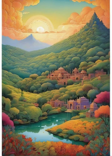 khokhloma painting,meteora,mountain village,mountain scene,japan landscape,rural landscape,jeju,kurdistan,mountain landscape,hokkaido,tuscan,mountainous landscape,shirakami-sanchi,studio ghibli,bukhansan,rajasthan,travel poster,aurora village,chiapas,valley,Illustration,Realistic Fantasy,Realistic Fantasy 05