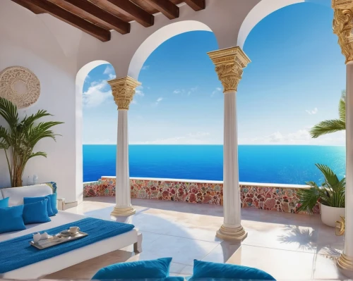 holiday villa,stucco ceiling,patio furniture,curacao,cabana,iberostar,positano,luxury property,great room,ocean view,luxury home interior,mediterranean,window with sea view,balcony,interior decoration,stucco wall,tenerife,vaulted ceiling,interior decor,window treatment,Conceptual Art,Daily,Daily 24