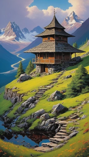 asian architecture,golden pavilion,the golden pavilion,chinese temple,chinese architecture,house in mountains,mountain scene,bhutan,mongolian,japan landscape,mountain landscape,mountain settlement,roof landscape,house in the mountains,oriental painting,landscape background,home landscape,mountain huts,oriental,yunnan,Conceptual Art,Sci-Fi,Sci-Fi 18